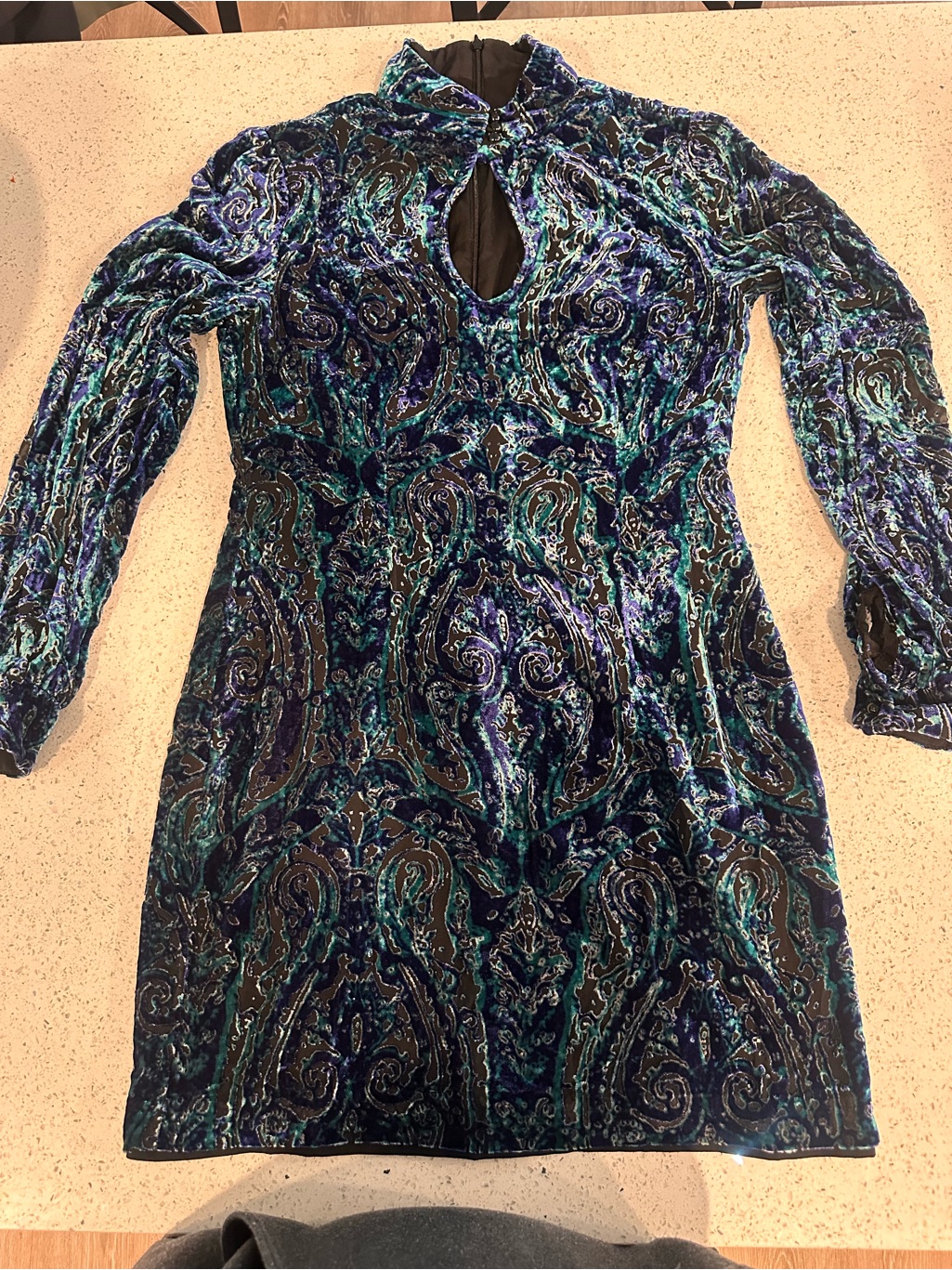 Nanette Lepore Teal & Navy Velvet Paisley Long-Sleeve Mini Dress